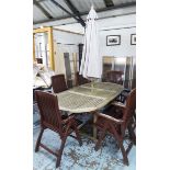 GARDEN TABLE, extendable, 77cm H x 107cm W x 152cm L unextended with six folding chairs and parasol,