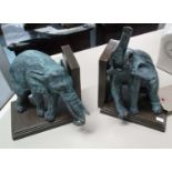 BRONZE BOOKENDS, a pair, of elephants in a verdigris finish, 19cm x 27cm H.