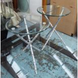 OCCASIONAL TABLES, a pair, the circular glass tops on polished metal faux bamboo tripod supports,