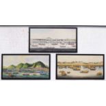 HARBOUR SCENES, a set of three prints from Oka of Asia, framed 77cm H x 147cm.