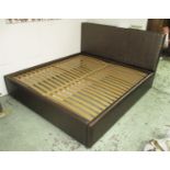 DOUBLE BED FRAME, modern design in dull gold stitched surround with slatted base, 6ft wide.