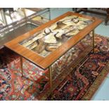 TILE TOPPED TABLE, 1960s signed on tapering brass supports, 92cm x 46cm x 43cm.