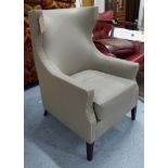 WING BACKED ARMCHAIR, in grey leather with studded detail, 72cm W x 103cm H x 79cm D.