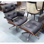 EAMES STYLE LOUNGE CHAIR, and stool, 130cm x 80cm x 88cm.