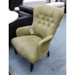 ARMCHAIR, Victorian style, with a buttoned back in green striped chenille, 62cm W x 69cm D x 90cm H.