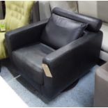 SWIVEL ARMCHAIR, soft black leather, 76cm W x 81cm D x 80cm H.