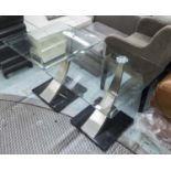 SIDE TABLES, a pair, with glass tops on chromed metal swept supports with black base,