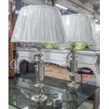 TABLE LAMPS, a pair, in chromed metal finish, with shades, 71cm H.
