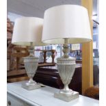 LAMPS, a pair, with Tanner and Kenzi shades, classical style in silvered finish, 76cm H.