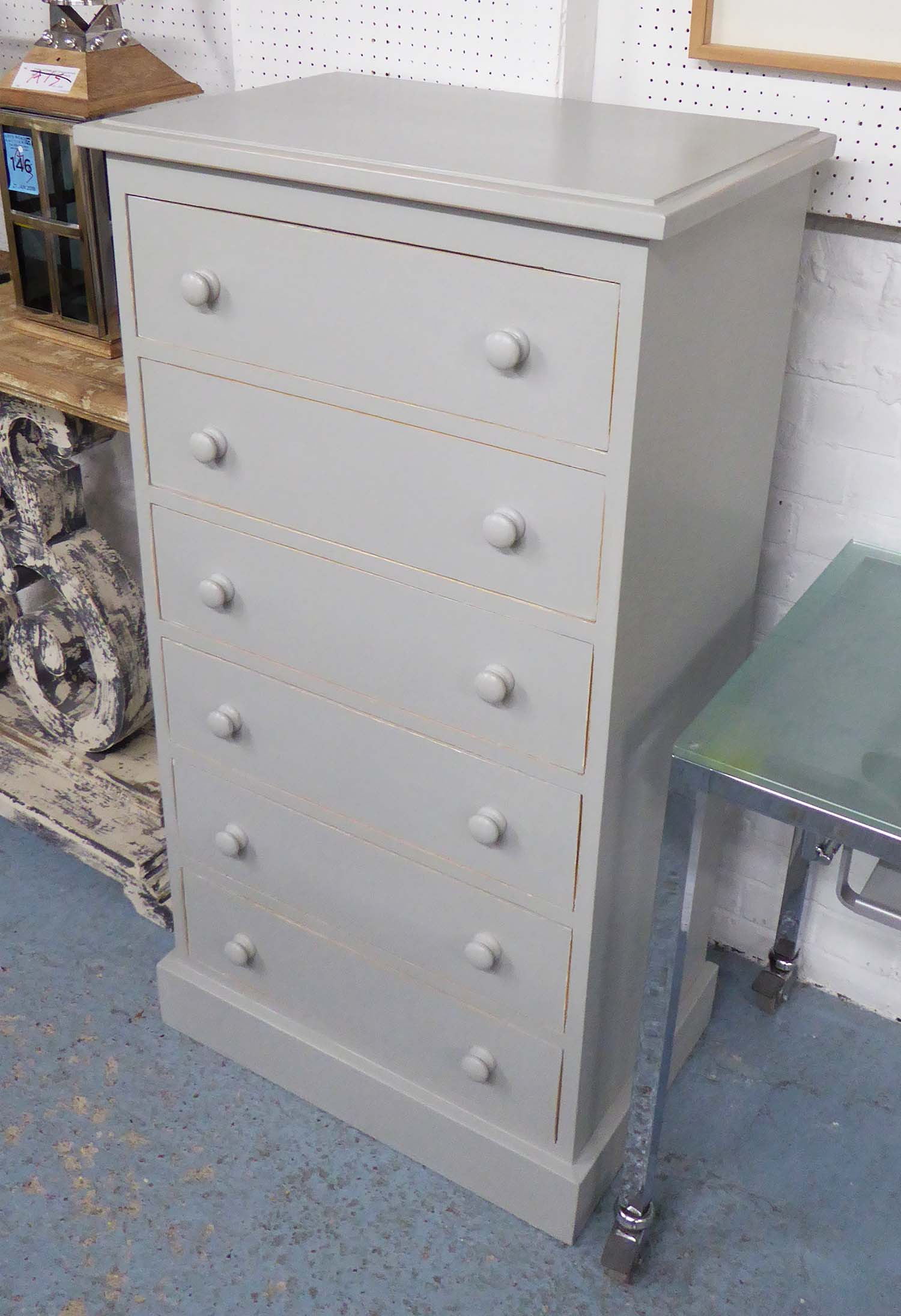 CHEST, having six drawers with knob handle in Farrow and Ball grey distressed finish,