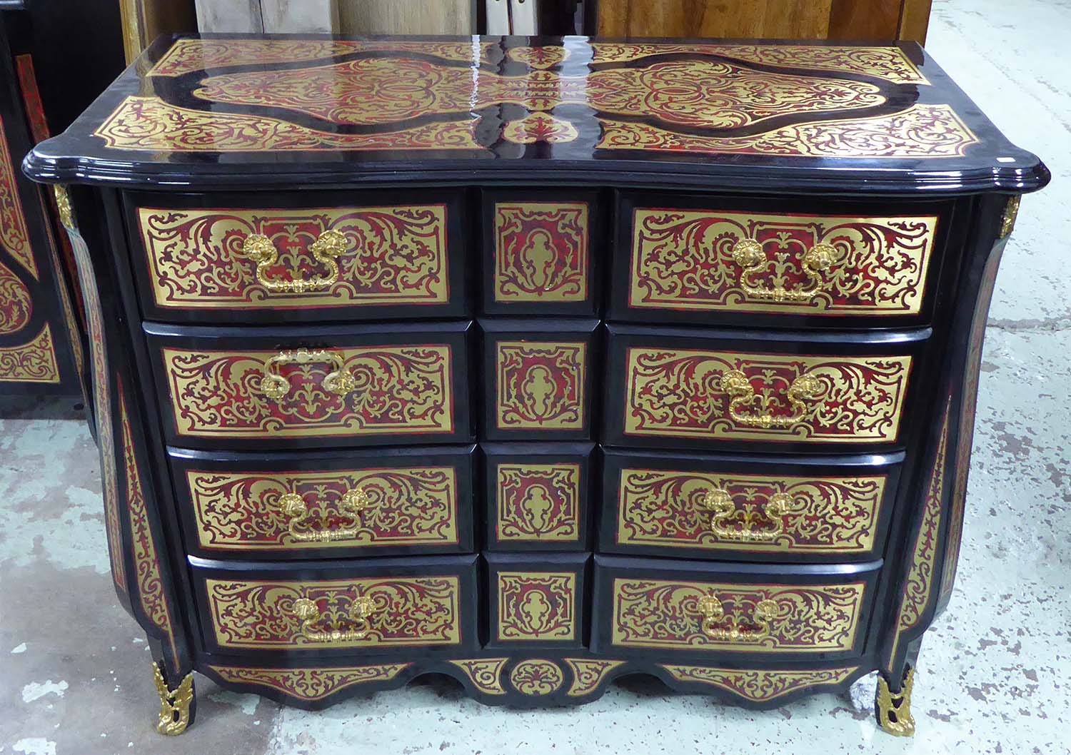 BOULLE STYLE CHEST, with eight short drawers and brass mounts, 114cm x 49cm x 90cm H.