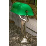BANKERS LAMP, traditional vintage silvered metal with adjustable green glass shade, 38cm H.