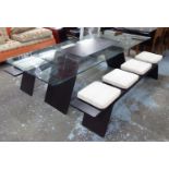 CONTEMPORARY DINING SET, bentwood construction with glass, long seat cushions for benches,