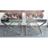 MIRRORED SIDE TABLES, a pair, contemporary X framed supports, 56cm x 56cm x 59cm H.