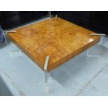 LOW TABLE, walnut with angled perspex supports, 110cm x 110cm x 42cm H.