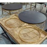 OCCASIONAL TABLES, a pair, circular with black ash tops on a gilded effect metal base,