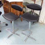 'MILC' STOOLS, a pair, faux black leather and chrome.