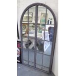 GARDEN MIRROR, gated with domed top in a grey painted metal frame, 170cm x 90cm.