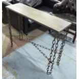 CONSOLE TABLE, with bronzed top on chain link supports, 100cm x 30cm x 82cm H.