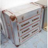 CHEST OF DRAWERS, aviation style with lift up lid and three drawers below in aluminium cladding,