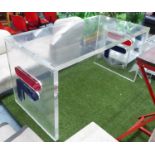 'FILA' PERSPEX DESK/TABLE, with blue and red cut out logo to each end, 75cm x 80cm H x 150cm.