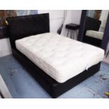 DOUBLE BED, with a brown leather headboard, including matress, 134cm W x 118cm H x 209cm L.