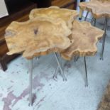 TRIO OF NESTING TABLES, tree root tops on triform metal bases, tallest 46cm H.