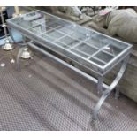 ORANGERY LOW TABLE, metal X frame supports with tempered glass top, 127cm x 46cm x 69cm.