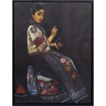 PICTURE ON CANVAS, of an Oriental girl on an ebonised frame.