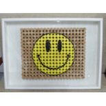 'ACID' by Bee Rich, bespoke made cork wall art with smiley face motif, 72cm x 52cm.