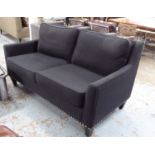 SOFA, two seater, in charcoal grey studded with square supports, 158cm L.