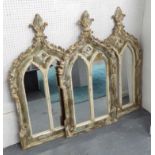 MIRRORS, a set of three, Gothic style in distressed painted finish, 116cm x 61cm.