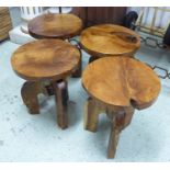 WORK STOOLS, four, rustic worked teak formed into a mid century inspired design, 45cm H approx.