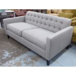 SOFA, two seater, in buttoned grey herringbone fabric, on square supports, 170cm L.