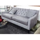 SOFA, two seater, in buttoned light grey fabric, on square supports, plus two scatter cushions,