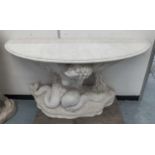 MARBLE DEMI LUNE CONSOLE TABLE, supported by a mermaid, 164cm x 66cm x 80cm H.