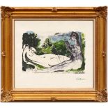 PABLO PICASSO 'Femme nue couchee et le joueur de flute', hand coloured pochoir and lithograph, 1975,