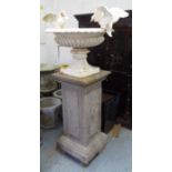 GARDEN VASE, with swans, in distressed painted metal on stands, 170cm H.
