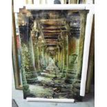 21ST CENTURY PHOTOGRAPH, of temple ruins on tempered glass, 80cm x 120cm.