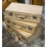 SUITCASES, a set of three vellum, with chromium nickel fittings, largest 66cm W.