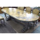 DINING TABLE, distressed effect painted, the rounded end top raised on pedestal supports,