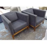 ARMCHAIRS, a pair, in charcoal fabric on square supports, 77cm W.