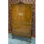 COCKTAIL CABINET, early 20th century Queen Anne style, burr walnut with two doors,