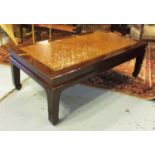 CHINESE OPIUM TABLE, rectangular elm with a rattan centred top, 135cm W x 46cm H x 70cm D.