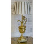 TABLE LAMP, gilt bronze cast as a ewer with ivy leaves on onyx base, 68cm H including shade.