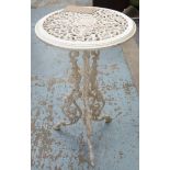 GARDEN TABLES, a pair, in metal white painted finish, 37cm dia x 69cm H.