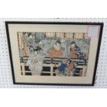 TOYOKUNI, kabuki scenes, wood block prints, 25cm x 35cm framed as found.