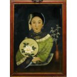 CHINESE PORTRAIT OF LADY, reverse painted on glass, 53cm x 37cm.