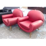 ARMCHAIRS, a pair, circa 1950, red satin finish, on tapering legs, 86cm W.