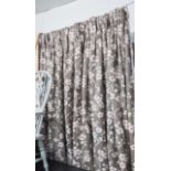 CURTAINS, a pair, brown floral linen, 110cm x 200cm drop.